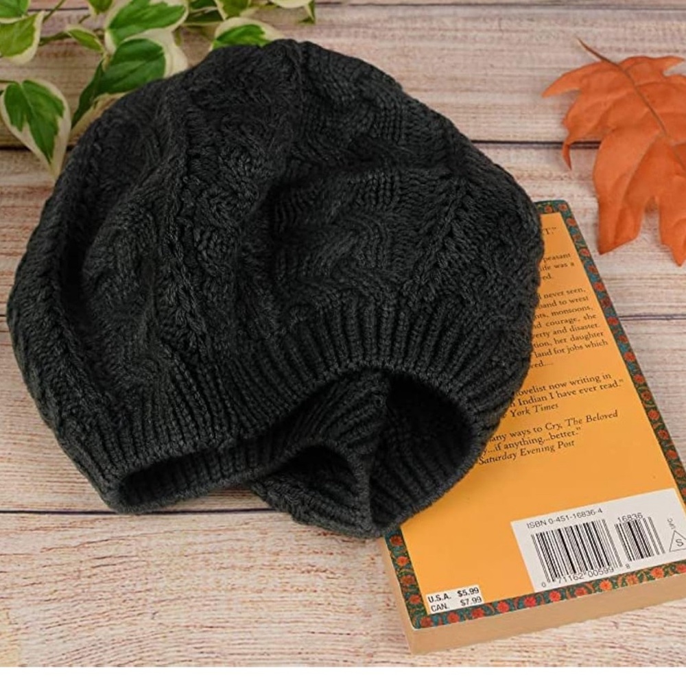 Lightweight Crochet Knitted Style Beanie Hat for Women, Slouchy Hat Black - Picture 2 of 5